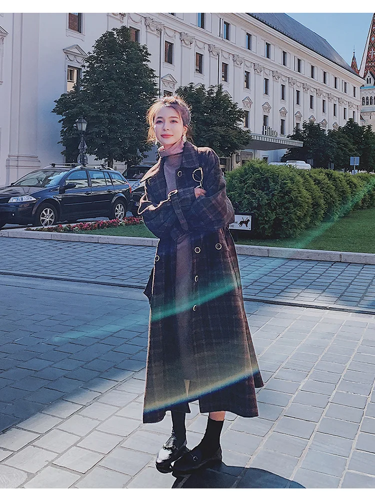 Фотосессия ретро шик Кофе плед Длинные раскладная кровать с отложным воротником Однобортный талии облегающие со шнуровкой шерсть пальто Ol пальто Для женщин