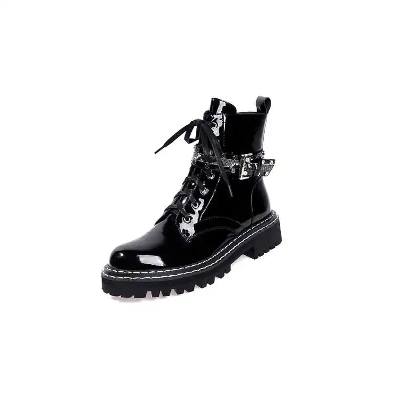 black patent leather Smirnova/Большие размеры 34-42; модные ботинки из натуральной кожи; женские ботильоны для женщин на молнии с кристаллами; классические мотоботы; - Цвет: black patent leather
