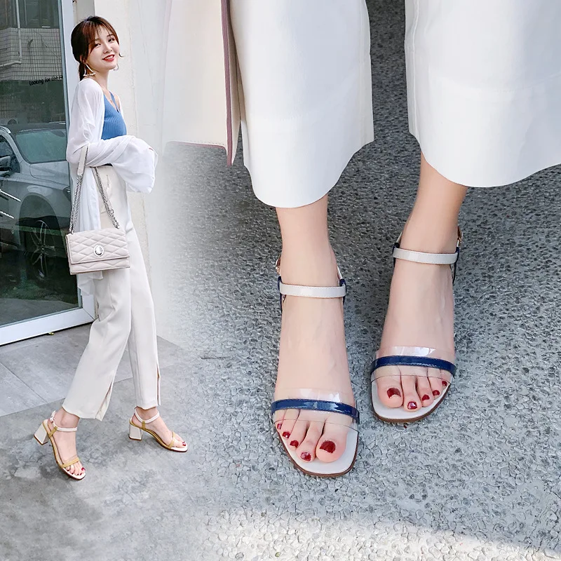 

What Sandals Women's Chunky-Heel 2019 Summer New Style Transparent A- line Buckle Peep-Toe Hipster High-Heel Super Fire Trendy S