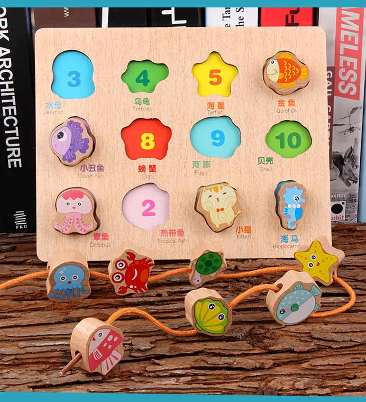Children's wooden beech beaded three-dimensional puzzle animal traffic shape grasping board 1-2-3 years old baby puzzle toy