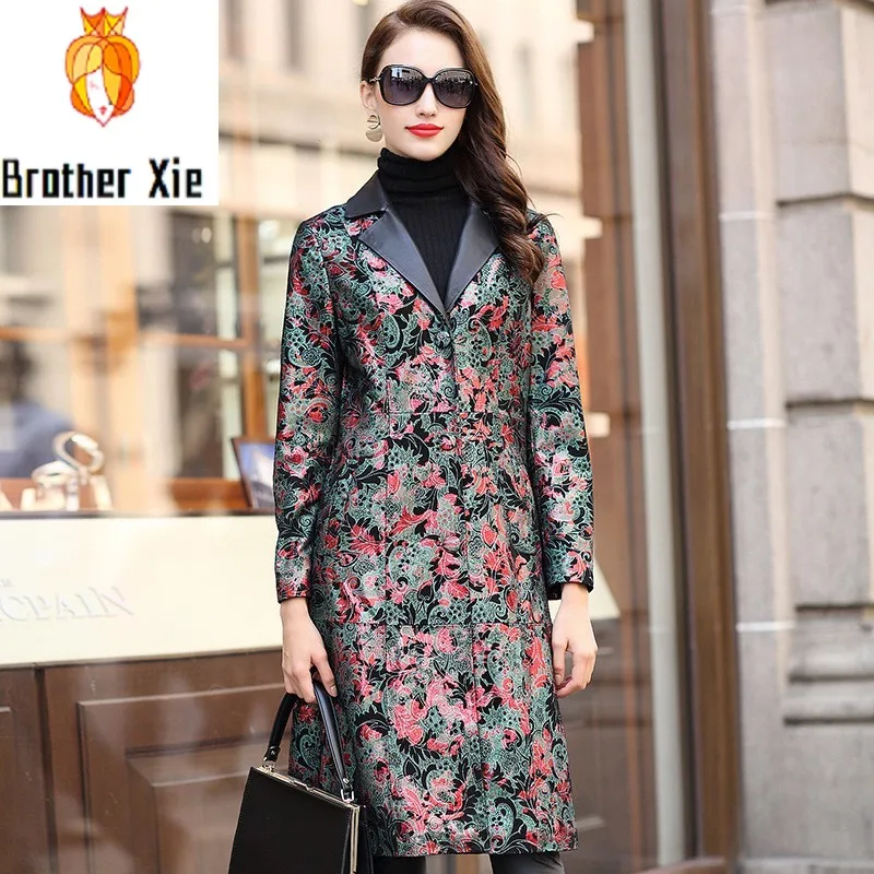 

Elegant Printed Long Sheepskin Lady Slim Coat Autumn Winter Single Breasted Genuine Leather Coat Women Office Outerwear