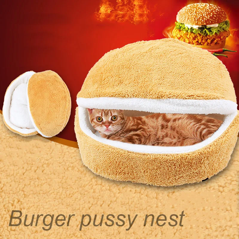Removable Cat Sleeping Bag Sofas Mat Hamburger Dog House Short Plush Small Pet Bed Warm Puppy 5