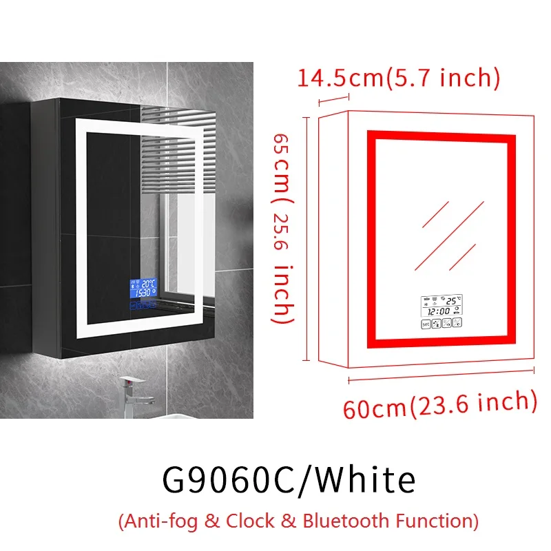 Gisha Настенный умный светодиодный шкаф с зеркалом для макияжа с сенсорным экраном и Bluetooth, интеллектуальное анти-запотевающее зеркало для ванной - Цвет: G9060C-White