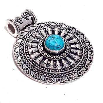 

Genuine Turquoise Pendant Tibet Silver , Hand made Women Lady FineJewelry gift, 45 mm, P9616