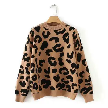 

2019 New Women Fall Winter Leopard Sweaters Animal Print Long Sleeve Sweaters Pullovers O-Neck Warm Thick Knitted Jumper