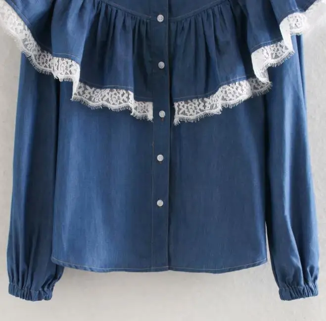В винтажном стиле С кружевными оборками Джинсовая блузка для женщин blusas mujer de moda