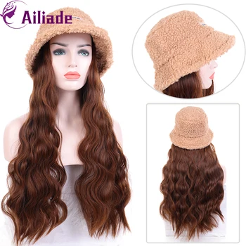 

AILIADE Long Synthetic Fisherman's Hat Wig Natural Black / Brown Wave Wigs Naturally Connect Synthetic Hat Wig Adjustable