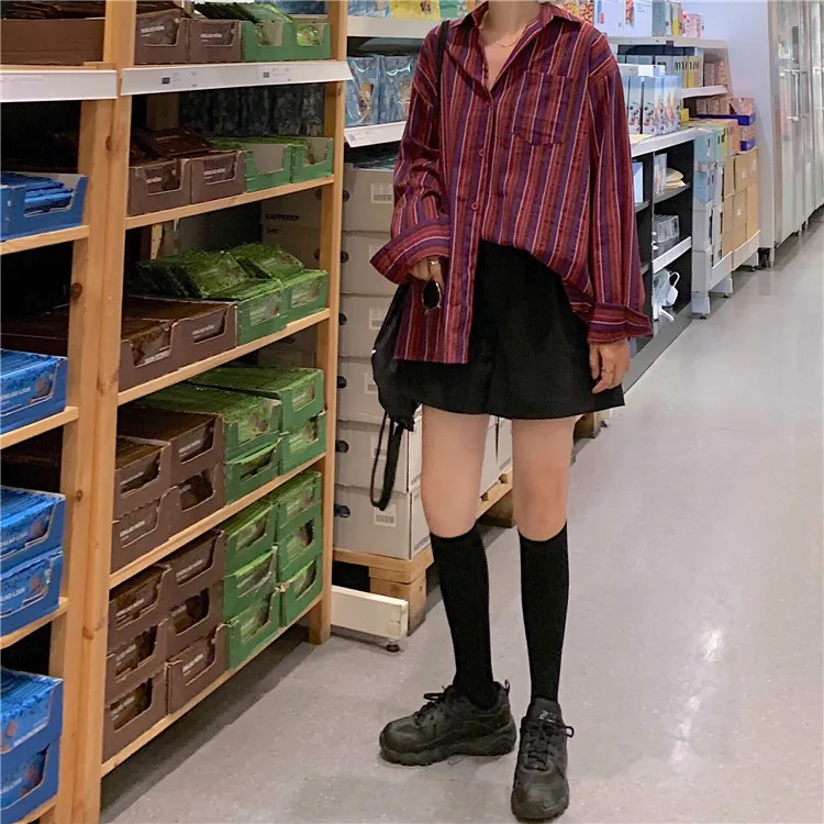 Женские рубашки Ulzzang японские Kawaii Женские винтажные шикарные полосатые рубашки с длинным рукавом Женская Корейская Harajuku одежда для женщин