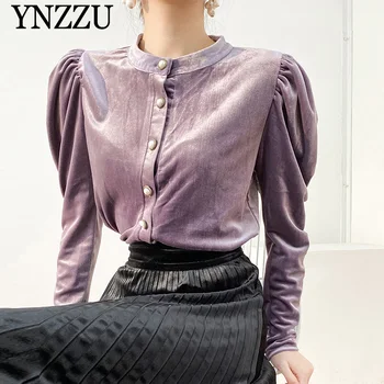 

Women Velvet Blouse 2019 Autumn Puff sleeve Fashion Loose Female shirt Elegant Single breasted Girls Tops Spring YNZZU YT766