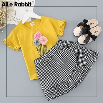 

Girls Clothes Set Fashion Ice Cream Yellow Shirt With Plaid Pants 2 Pcs Children Clothing Set Lovely Set Baby Kids Summer Outfit