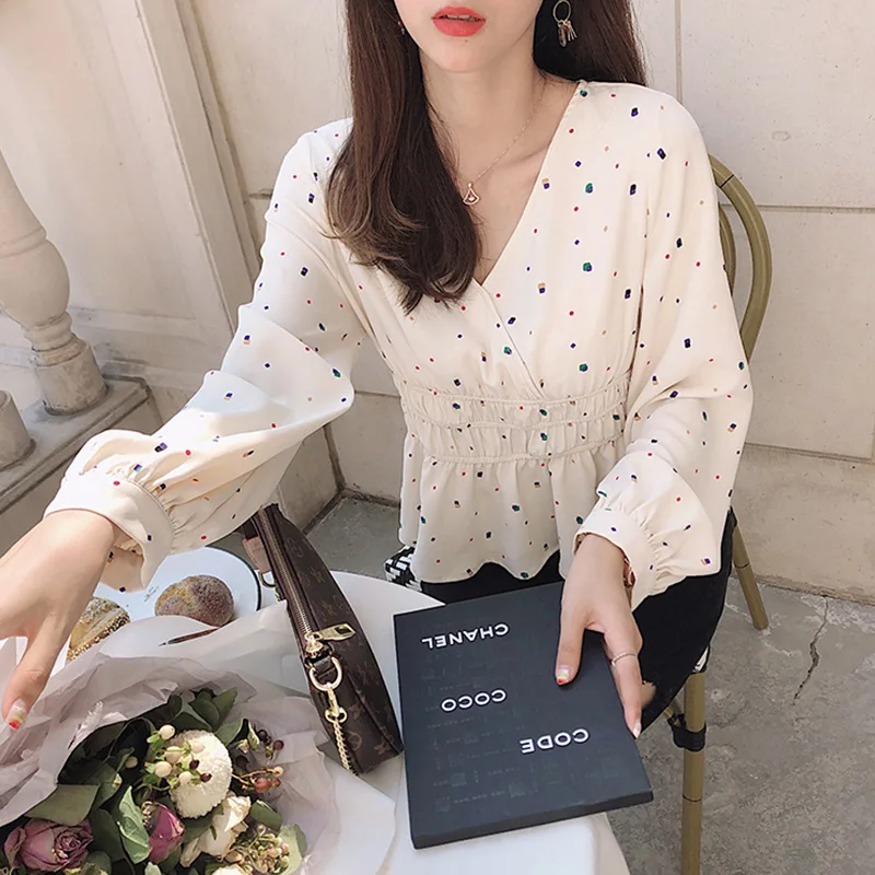 

MISHOW Women Autumn Causal Dot Printing Blouse 2019 Vneck High Elastic Waist Slim Fit Shirt MX19C4471