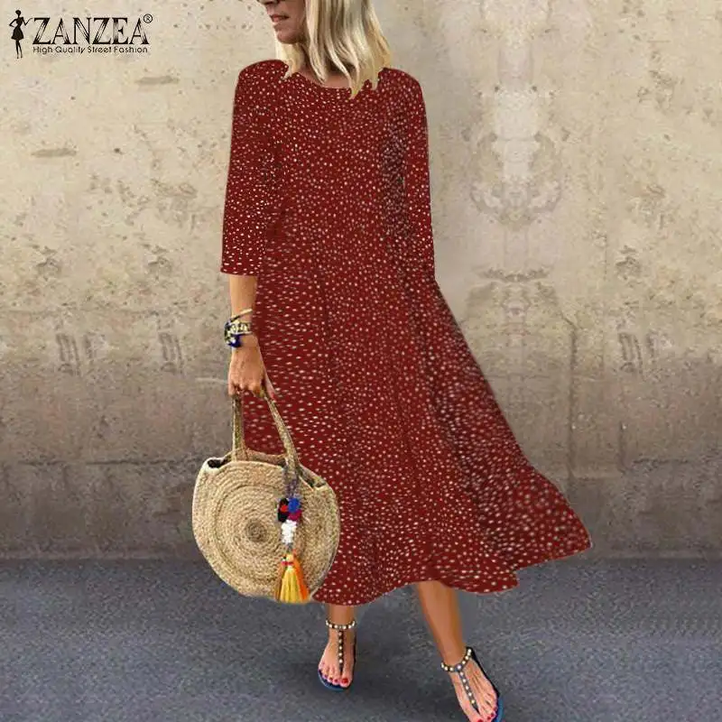 ZANZEA богемное Платье женское платье в горошек с принтом Vestidos осенние женские праздничные вечерние длинные макси платья Повседневное платье