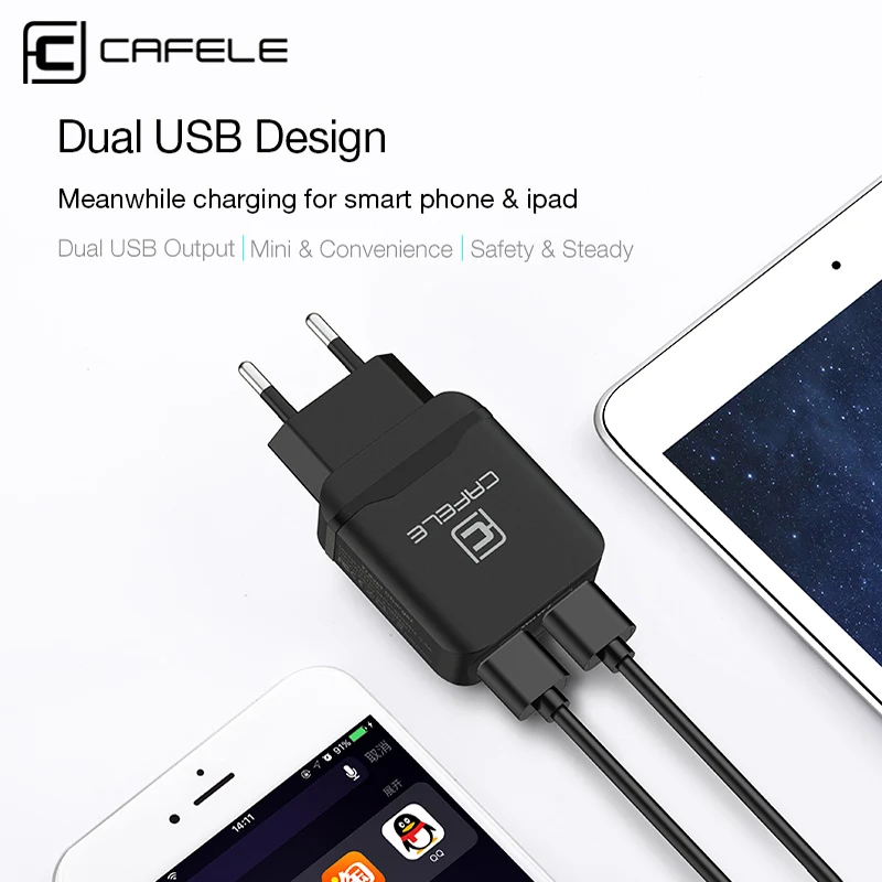 CAFELE USB зарядное устройство EU US переходник для путешествий Зарядное устройство USB 2.4A двойной выход универсальное зарядное устройство смартфон зарядное устройство