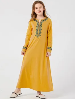

Muslim Girls Dress Knitted Yellow Color Long Sleeve Embroidery Long Dresses 8 10 12 years Teenage Girls Princess Dress