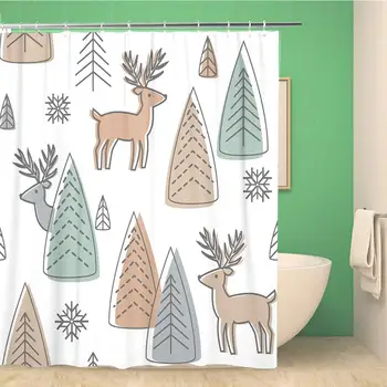 

Bathroom Shower Curtain Green Pattern Reindeer Coloring Deer and Forest Scandinavian Winter 72x78 inches Waterproof Bath Curtain