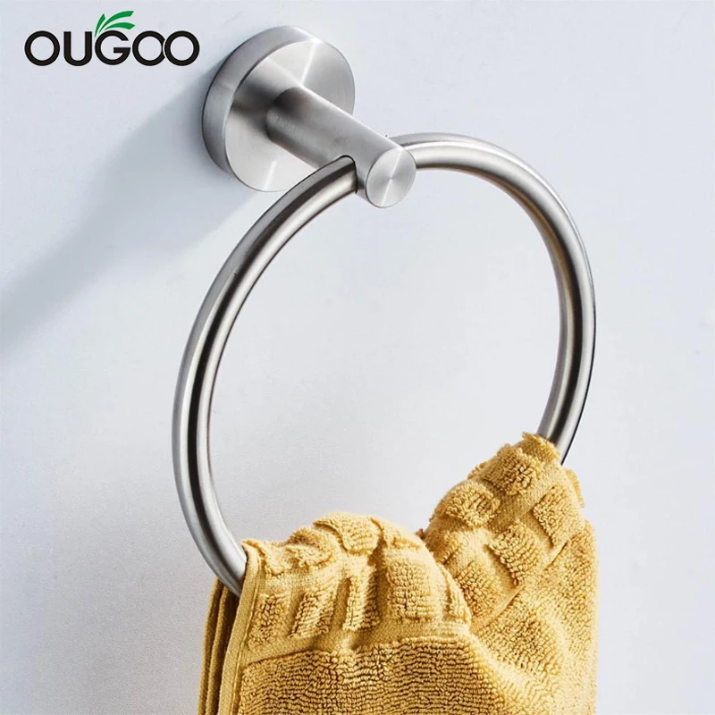 OUGOO Bathroom Accessories Brushed Finish Stainless Steel Bathroom Towel Holder Wall-Mounted Round Towel Rings ,Towel Rack