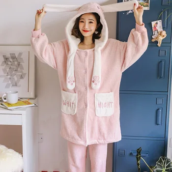 

Winter Coral Velvet Plush Women's Pajamas Set Thick Flannel Long Sleeve Cartoon Pajama Sets Female Pink Rabbit Warm Home Clothes