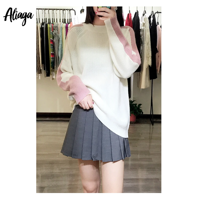Aliaga Winter New Styles Pure Cashmere Sweater Round Collar Korean Fashion White Plus Size Ladies High-end Pullovers