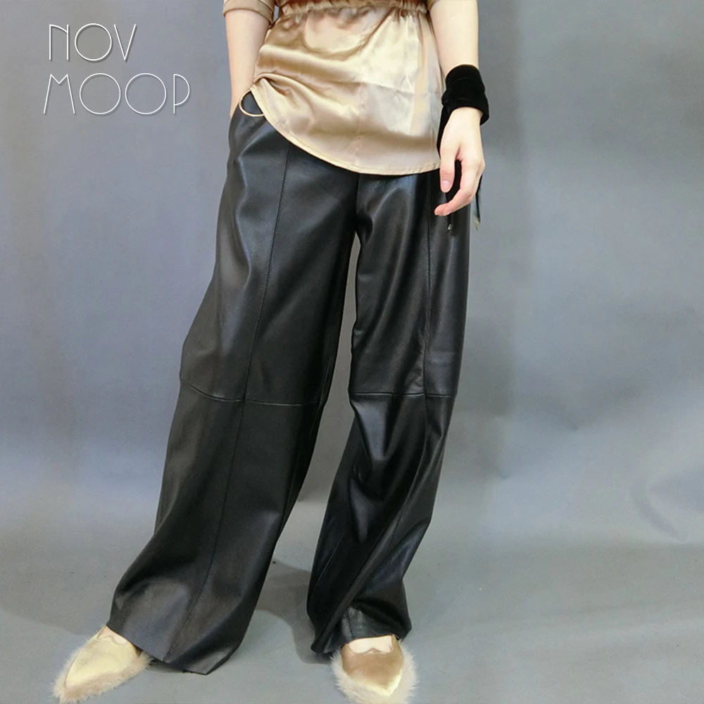 Novmoop Italy casual style winter black loose lambskin genuine leather wide leg pants women trousers pantalones mujer LT2897