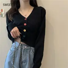 

Rainbow Color Button Short Long Sleeve Sweater Women Sweet Knitted Cardigan Autumn New Female Korean Fits V-neck Outer Jacket