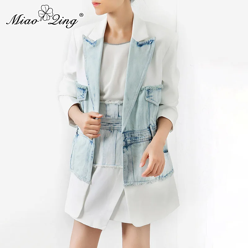MIAOQING Denim Patchwork Women's Blazer Notched Collar Long Sleeve Tunic Elegant Female Jacket Fashion Autumn New
