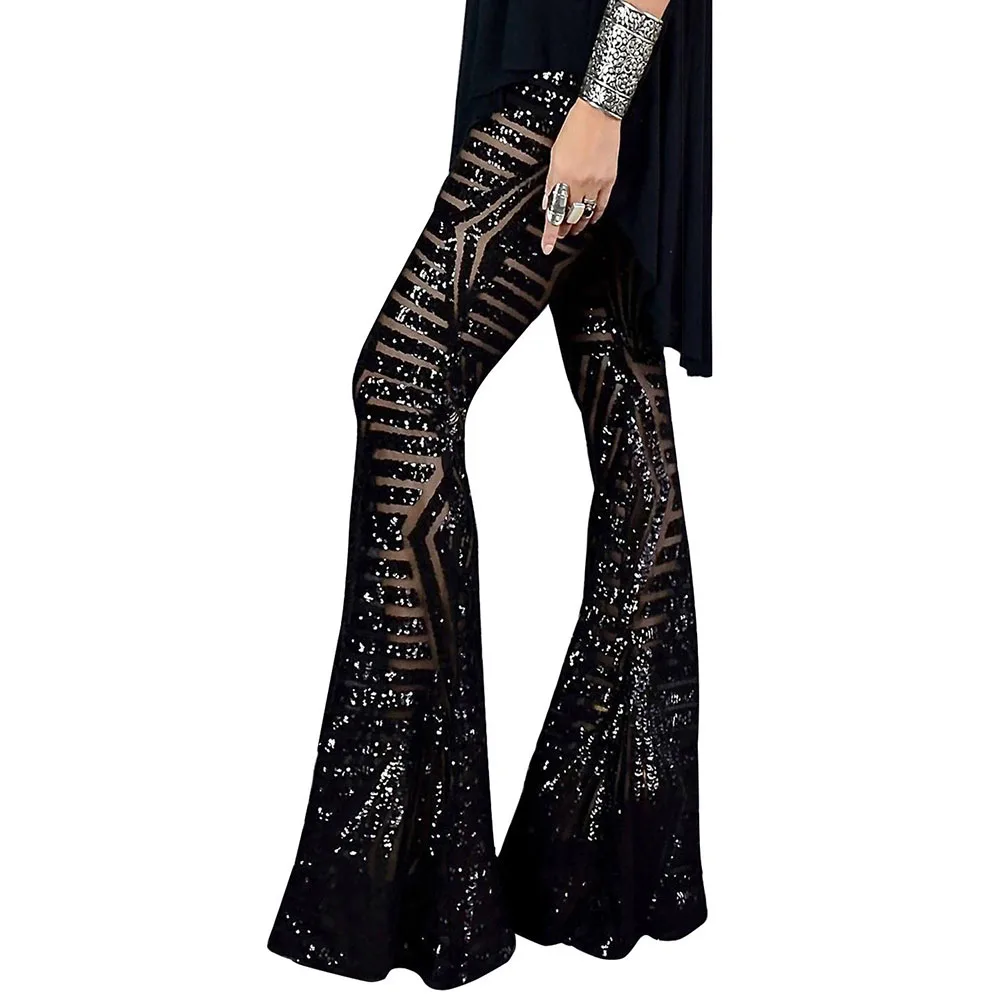 Sexy Black Silver Sequin Flare Pants High Waist Party Trousers Club XMAS Pants Outfit Streetwear Glitter Wide Leg Long Bell Pant