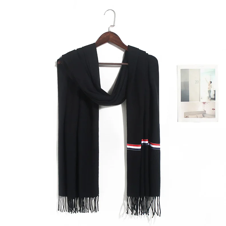 Европа и США осень и зима Ming с кашемиром три бар сплошной цвет шарф пара тесемка, шарф, шаль - Цвет: Черный