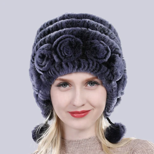 Зима Россия леди хорошая эластичность натуральный мех шапка натуральный мягкий мех кролика рекс шапка женская теплая натуральный мех кролика рекс шапки - Цвет: blue