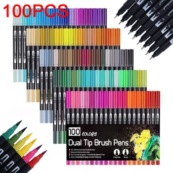 

100PCS Colors Dual Tip Brush Pens Art Marker Fine Liner Brush Drawing Painting Watercolor Pens for Coloring Manga Calligraphy