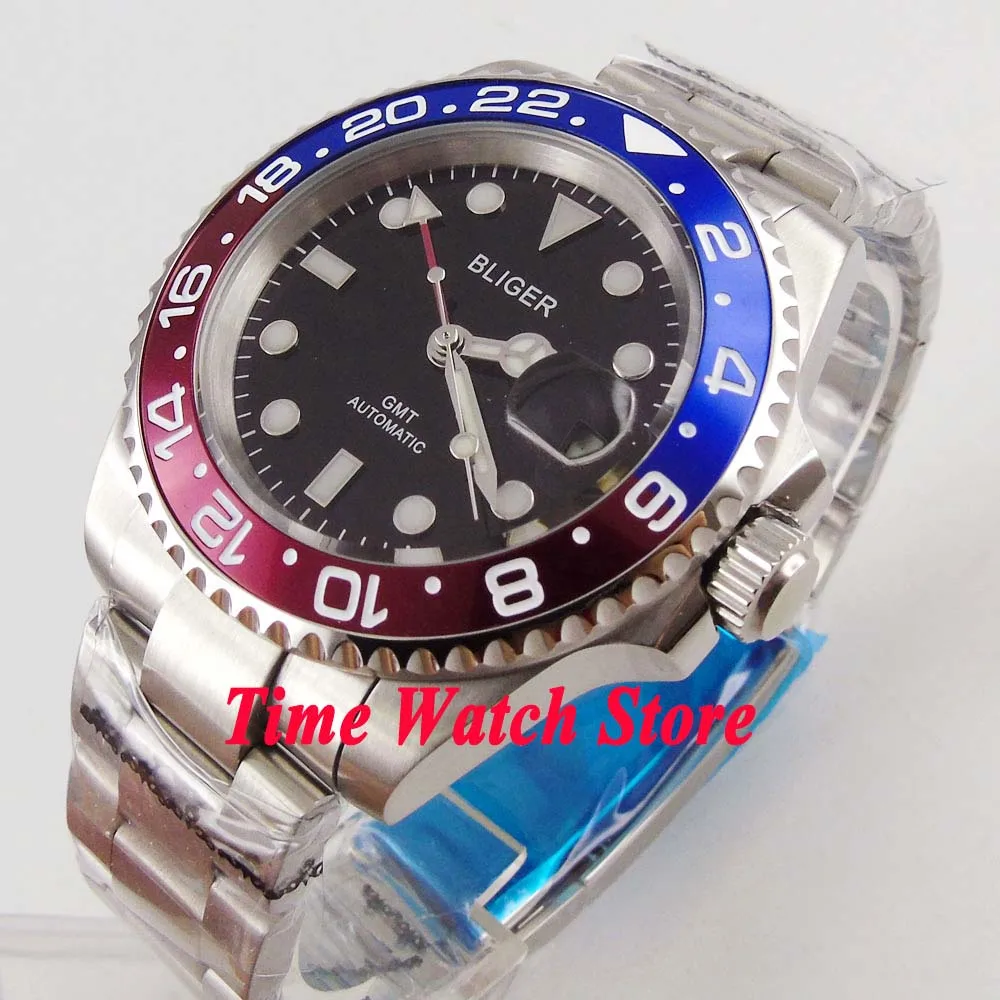 Мужские автоматические часы Bliger 40 мм GMT 3804 сапфировое стекло черный циферблат