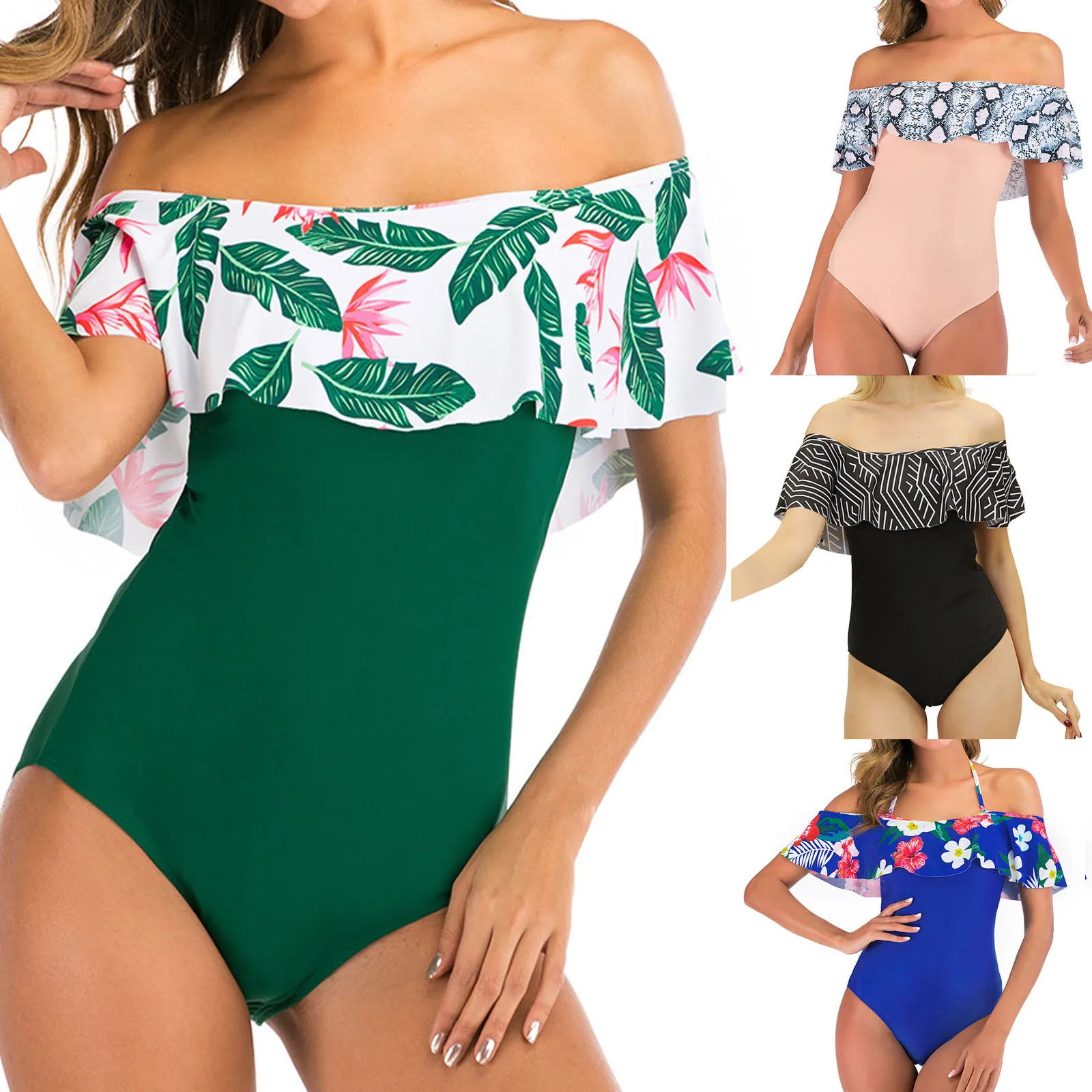 2021 New Sexy Off The Shoulder Solid Swimwear Women One Piece Swimsuit Female Bathing Suit Ruffle Monokini Swim Wear | Спорт и