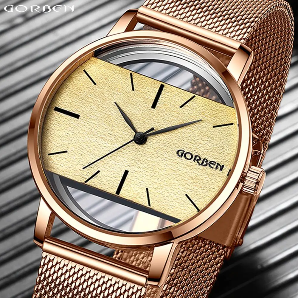 

Unique Watch Creative Half Transparent Unisex Watch For Men Women Couple Fashion BOX Wood Dial Stainless Steel Quartz Wristwatch