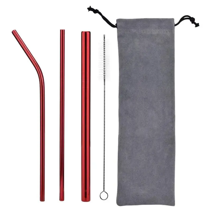 5pcs Stainless Steel Portable Drinking Straws Set Household Bar Kitchen Supplies Portable Travel Drink Tableware - Цвет: Red