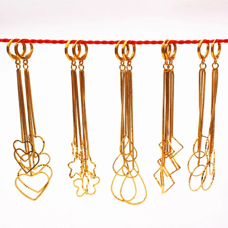 Fashion Statement Earrings 24k gold filled long drop earrings For Women pure color Hanging Dangle wedding Jewelry | Украшения и