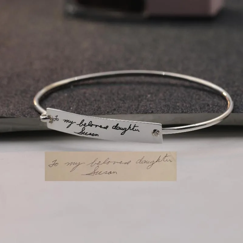 Solid Silver Engraved Handwritten words Charm Bangle Any wording CAN Stamped Custom Statement Memorial Bracelet Birthday Gift | Украшения и