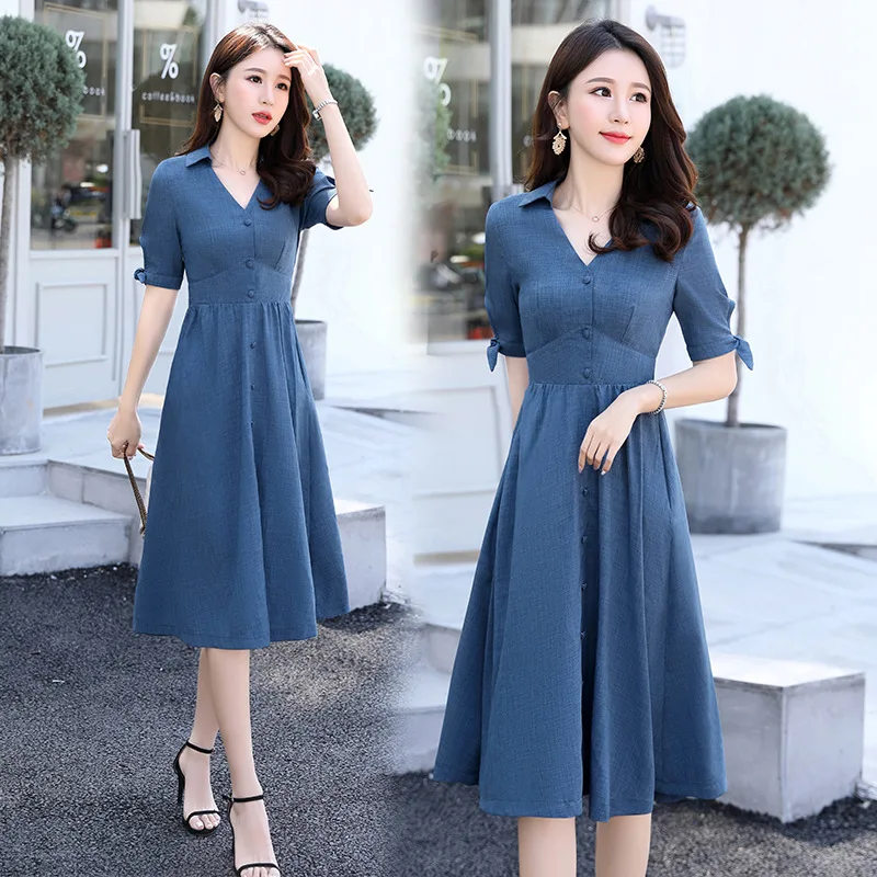 

Cotton Linen Dress Summer 2019 New Style Waist Hugging Slimming Literature And Art Retro Hipster Shirt Collar Flax A- line Skirt