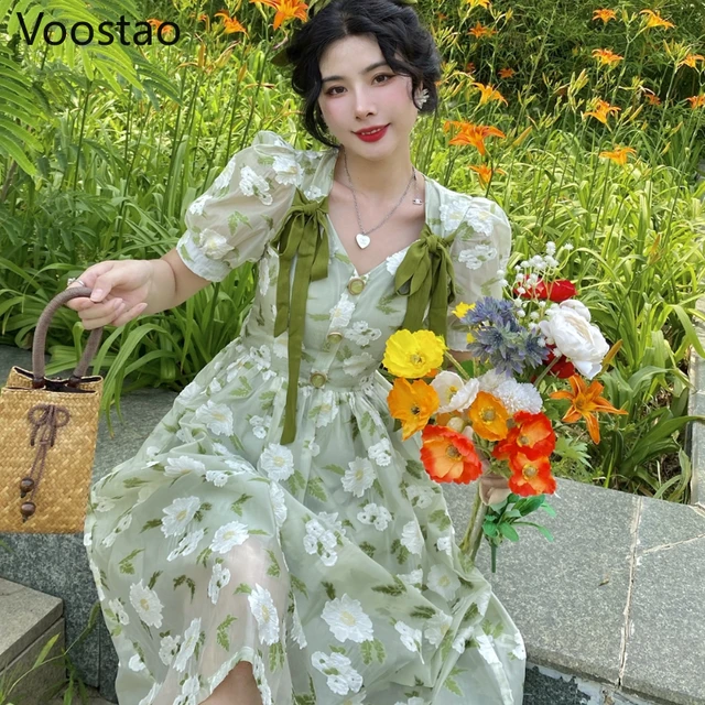 Summer Chiffon Elegant Kawaii Dress Women Floral Print Sweet Princess  Casual Midi Dress Female Puff Sleeve Party Holiday Dress - Dresses -  AliExpress