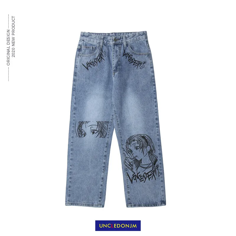 

UNCLEDONJM Cartoon Retro Jeans Men's BF Harajuku Fashion Brand Hip-hop Cool Street Fashion Pants biker jeans designer N1165