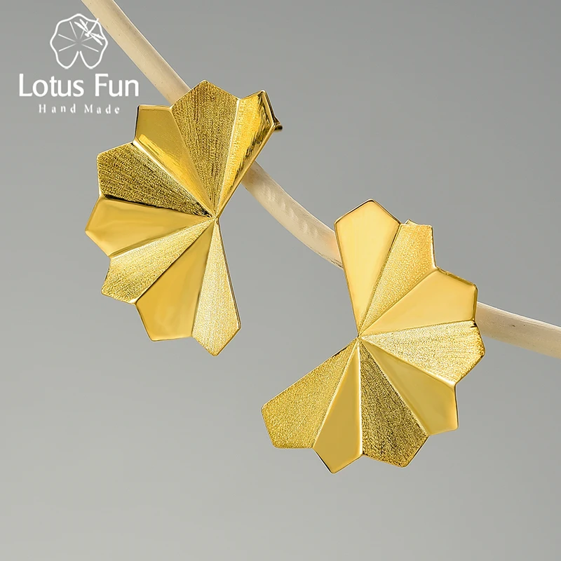 Gold Oriental Element Big Folding Fan Design Stud Earrings