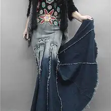 Дамская длинная джинсовая юбка Женская высокая талия кисточка с градиентом джинсы труба Женская крутая рыбий хвост Русалка Богемские юбки макси для женщин s