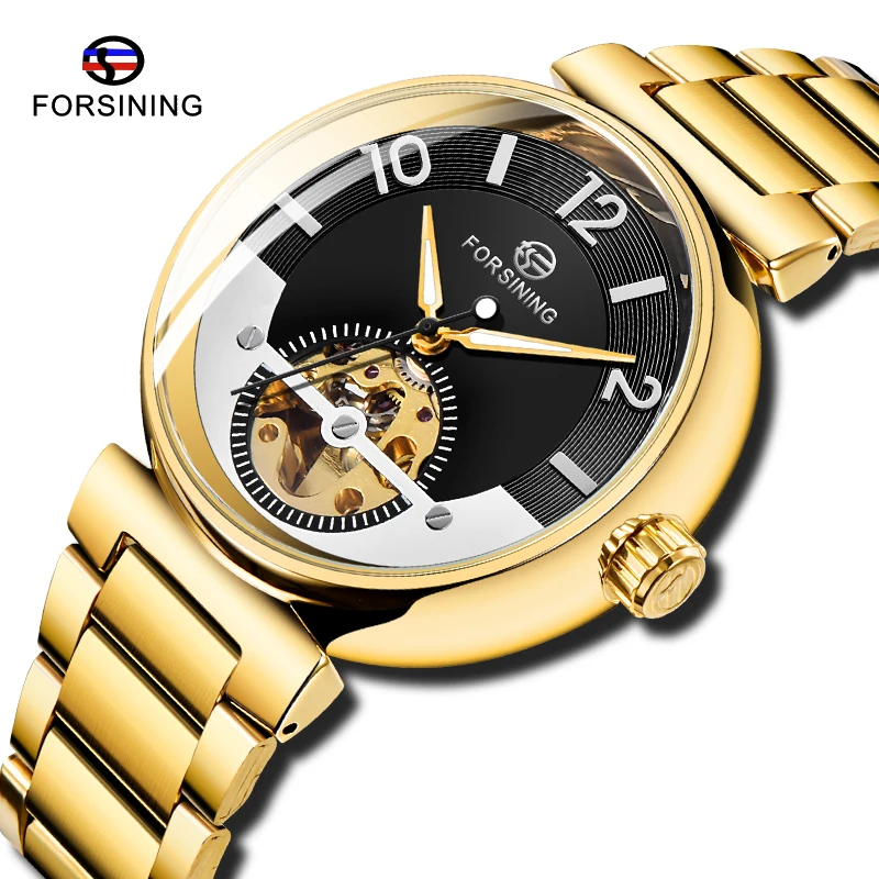 

Top Luxury Brand FORSINING Men Automatic Mechanical Skeleton Watch Golden Design Stainless Steel Luminous Clock