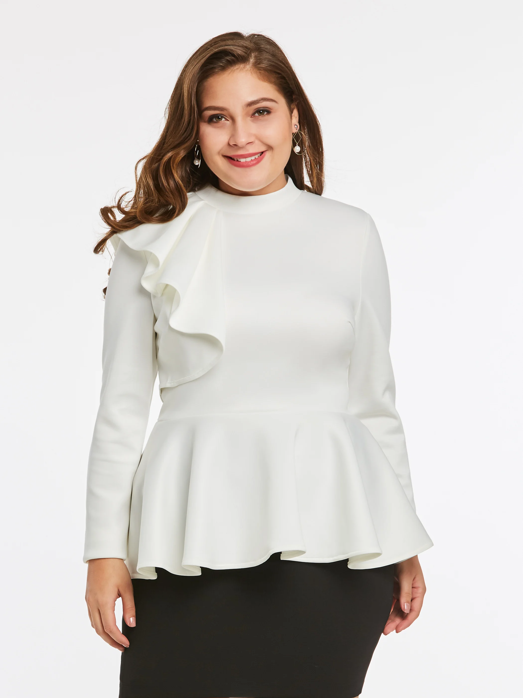 

New Women Ruffles Blouse White Elegant Back Zipper Up Office Ladies Stand Collar Spring Peplum Tops Plus Size 2XL Long Sleeve