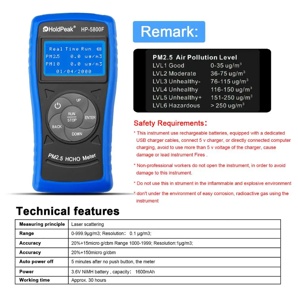 HoldPeak HP 5800F цифровой HCHO PM2.5/10 детектор Крытый Открытый тестер качества воздуха