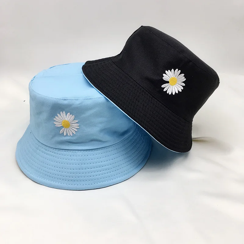 Summer Sun Hat Reversible Bucket Caps Women Fishing Outdoor Hip Hop Sunscreen Daisy Embroidery Fisherman Beach Panama Hat female bucket hat Bucket Hats