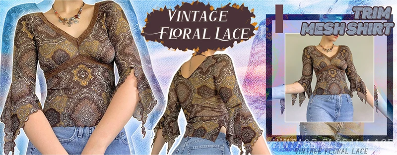Sweetown Brown Vintage Y2K Lace Crop Top Short Sleeve See Through Sexy Mesh Woman Tshirts V Neck Lace Up Floral Kawaii Clothes