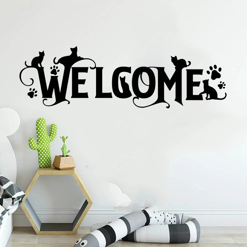 Cartoon Welcome with Cats Pet Dog Wall Sticker Entryway Living Room Hello Welcome Animal Wall Decal Bedroom Vinyl Home Decor (1)
