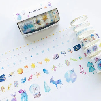 

6 Rolls /Pack Gold Stamping Warm Winter Deer Night Starry DIY Hand Account Decorative Washi Paper Tape Sticker