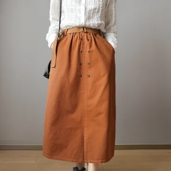 

Pleated Solid Color Cotton Split Skirt With Belt Spring All Match Elastic Waist Medium-length Skirts Harajuku
