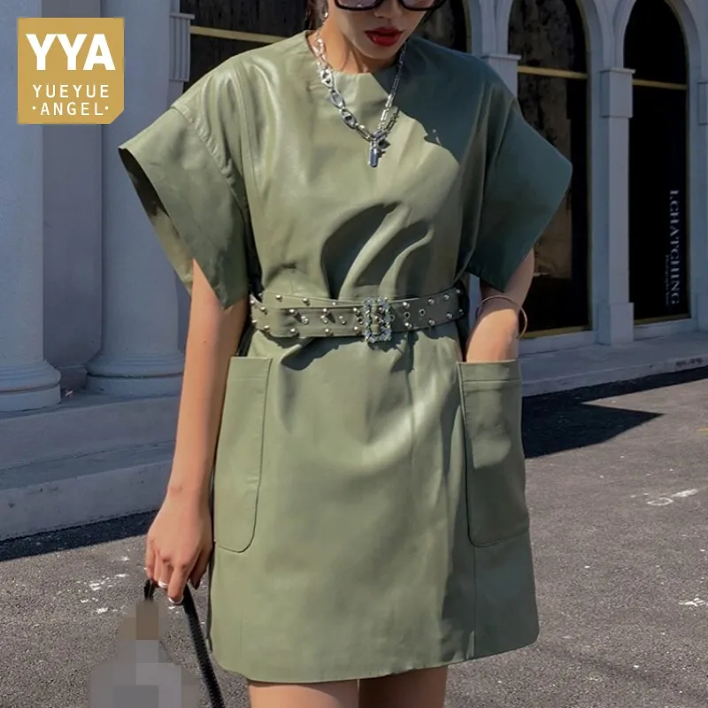 Mode Echt Lederen Jurk Vrouwen Elegant Office Slim Pocket Schapenvacht Jurk Streetwear Korte Mouw Herfst Korte Jurk M-3XL Mode Echt Lederen Jurk Vrouwen Elegant Office Slim Pocket Schapenvacht Jurk Streetwear Korte Mouw Herfst Korte Jurk M-3XL