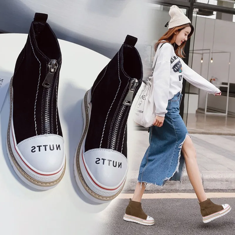 

2019 New Style Front Zipper Short Boots Women's INS Spring And Autumn Martin Boots Versatile Thick Bottomed Hight-top Casual Sho
